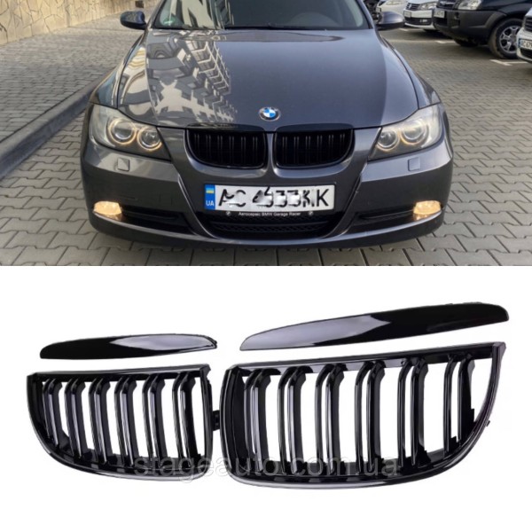 Решетка ноздри BMW БМВ 3 series E90 седан,универсал Черный Глянец 2 ребра Двойные M-Look