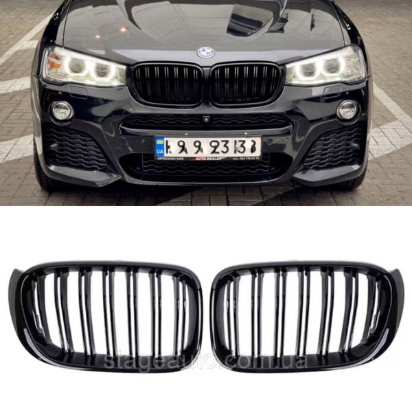 Решетка ноздри BMW БМВ X3 X4 series F25, F26 FL Черный Глянец 2 ребра Двойные M-Look