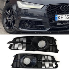 Решетки переднего бампера под дистроник в стиле S-Line на Audi A6 C7 2014-2018 года Черные
