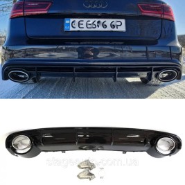 Диффузор с насадками в стиле RS на Audi A6 C7 2014-2018 год Черный хром насадки ( Обычный бампер )