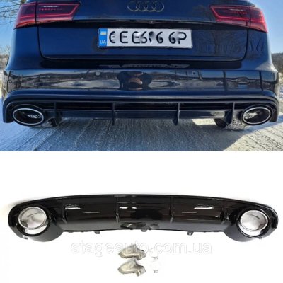 Дифузор з насадками в стилі RS на Audi A6 C7 2014-2018 рік Чорний хром насадки ( Звичайний бампер)