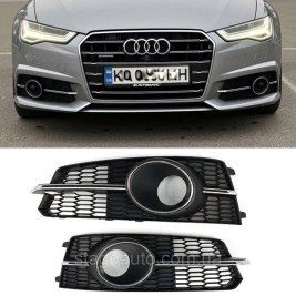 Решетки переднего бампера под дистроник в стиле S-Line на Audi A6 C7 2014-2018 года Черные с хром вставкой