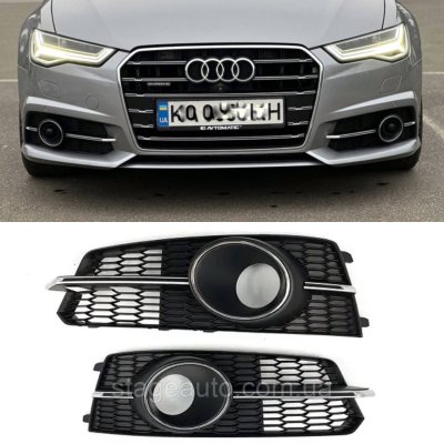 Решітки переднього бампера під дистронік в стилі S-Line на Audi A6 C7 2014-2018 року Чорні з хром вставкою