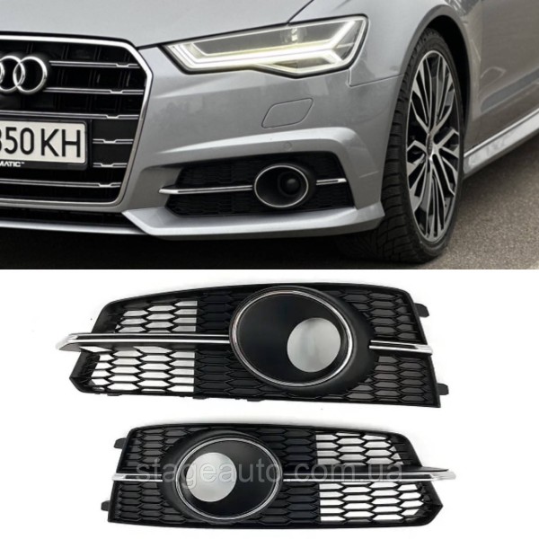 Решетки переднего бампера под дистроник в стиле S-Line на Audi A6 C7 2014-2018 года Черные с хром вставкой