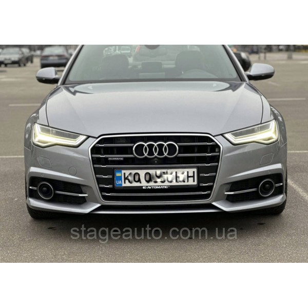 Решетки переднего бампера под дистроник в стиле S-Line на Audi A6 C7 2014-2018 года Черные с хром вставкой