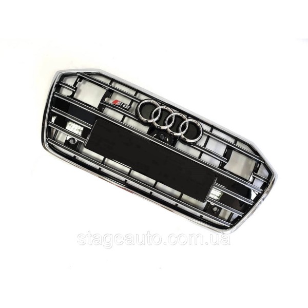 Решетка радиатора в стиле S-Line на Audi A6 C8 2018-2022 год ( Черная с хромом под дистроник )