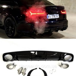 Диффузор с насадками в стиле RS на Audi A6 C7 2014-2018 год Черный ( S-Line бампер )