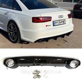 Диффузор с насадками в стиле RS на Audi A6 C7 2014-2018 год Черный с серой полоской хром насадки