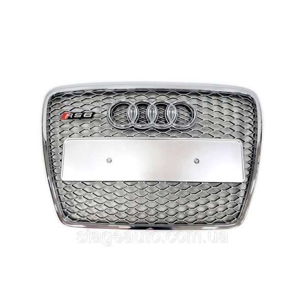 Решетка радиатора на Audi A6 C6 2004-2011 года Серая с хром рамкой ( в стиле RS ) без мест под парктроники