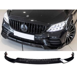 Диффузор переднего бампера ( губа ) на Mercedes C-Class W205 2018-2020 года ( Черный глянец )