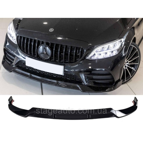 Диффузор переднего бампера ( губа ) на Mercedes C-Class W205 2018-2020 года ( Черный глянец )