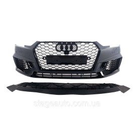 Передний бампер на Audi A4 B9 2015-2019 год ( в стиле RS4 без мест под радары ) Черный