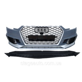 Передний бампер на Audi A4 B9 2015-2019 год ( в стиле RS4 без мест под радары ) Серый