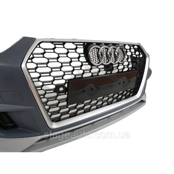 Передній бампер на Audi A4 B9 2015-2019 рік (у стилі RS4 без місць під радари) Сірий