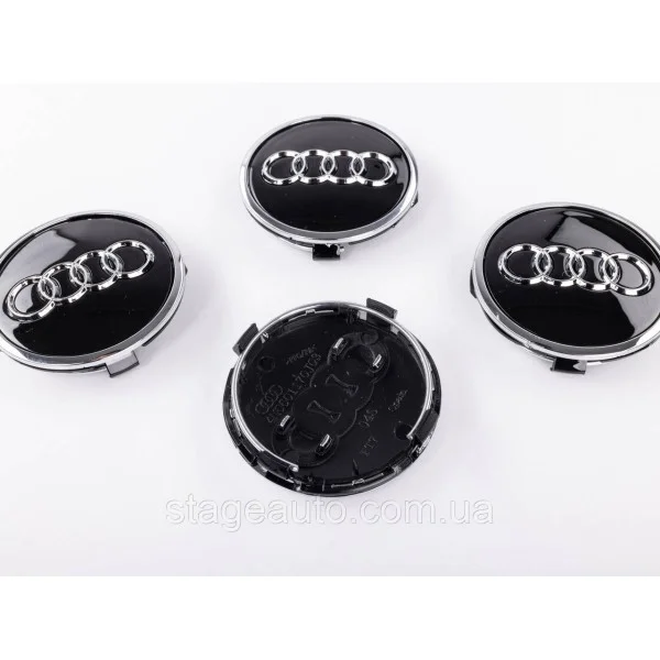 Колпачки заглушки в литые диски Audi Ауди 61 мм Черные Хром ободок 8W0601170, 4M0601170 комплект